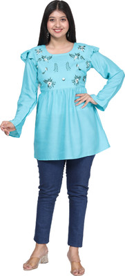 The Unique Style Casual Embroidered Women Light Blue Top