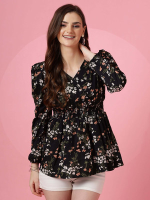 Honky Tonky Casual Floral Print Women Black Top