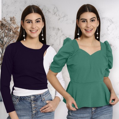 METRONAUT Casual Solid Women Purple, Green Top