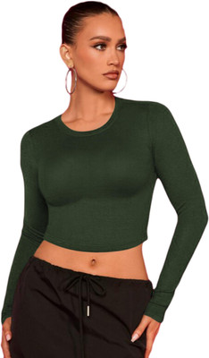 THE BLAZZE Casual Solid Women Dark Green Top