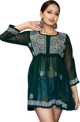 myplusfashion Casual Embroidered Women Dark Green Top