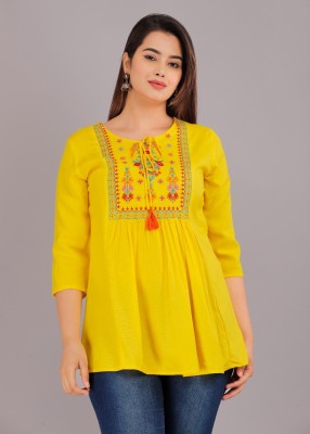 La Verona Casual Embroidered Women Yellow Top