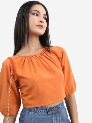 Tokyo Talkies Casual Solid Women Brown Top