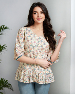 MOJILAA Party Printed Women Beige Top