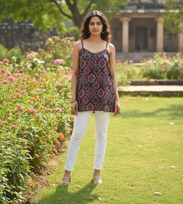 Kuritking Casual Floral Print Women Black Top