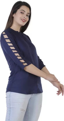 HARSHALI ART Casual Solid Women Dark Blue Top