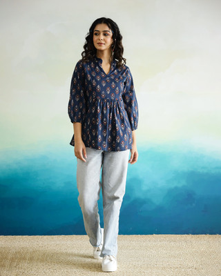 Sanskrutihomes Casual Printed Women Blue Top