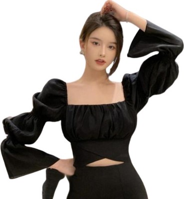 HR FASHION Casual Solid Women Black Top