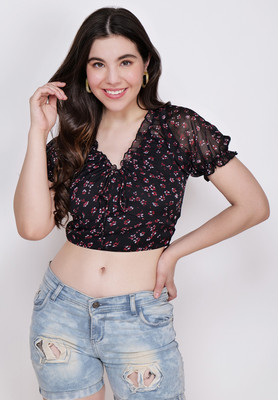 CHARMGAL Casual Printed Women Black Top