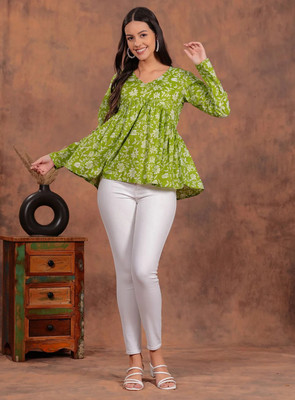 CCICACO Casual Floral Print Women Light Green Top