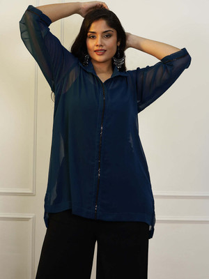 LetsDressUp Casual Solid Women Blue Top