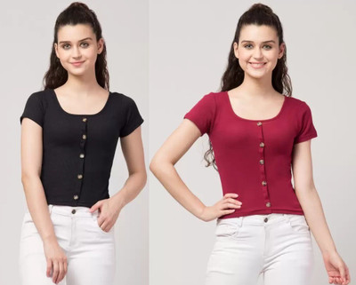 GLADLY Casual Solid Women Maroon, Black Top