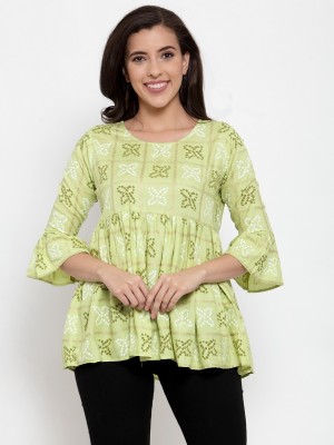 FEBIA Casual Bell Sleeve Printed Women Green Top