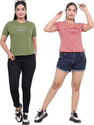 JUST LOVE Casual Printed Women Green, Orange Top