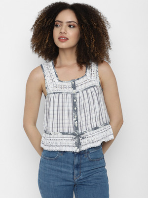 American Eagle Outfitters Casual Striped Women Blue Top