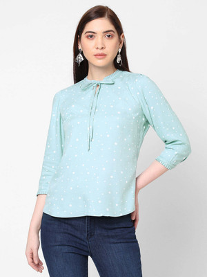 Kraus Jeans Casual Polka Print Women Green Top