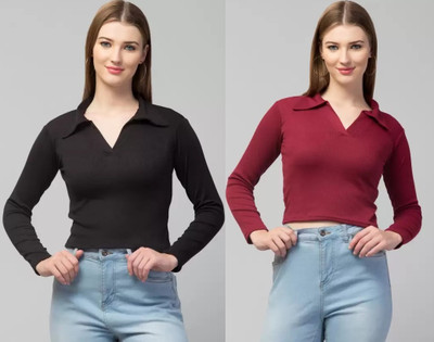 GLADLY Casual Solid Women Black, Maroon Top