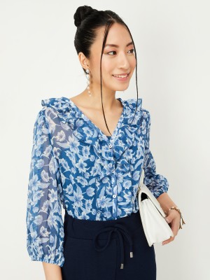 MAX Casual Printed Women Blue, White Top