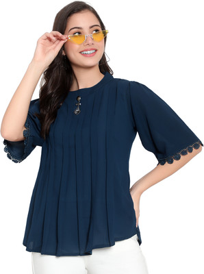 Moda Rapido Casual Solid Women Dark Blue Top