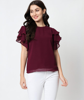 CHARMGAL Casual Solid Women Maroon Top