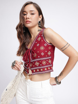 Glitchez Casual Embroidered Women Maroon Top
