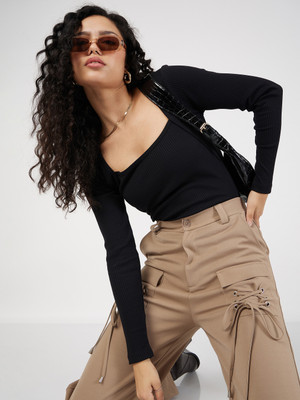 SASSAFRAS Casual Self Design Women Black Top