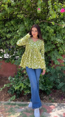 Claria Creation Party Printed Women Light Green Top