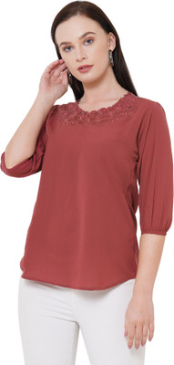 GO.4.IT Casual 3/4 Sleeve Embroidered Women Brown Top