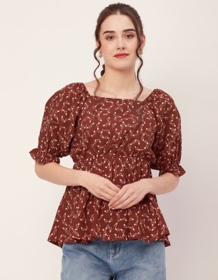 moomaya Casual Printed Women Brown, White Top