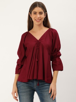 VYMO Casual Solid Women Maroon Top