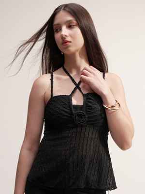 Tokyo Talkies Casual Self Design Women Black Top