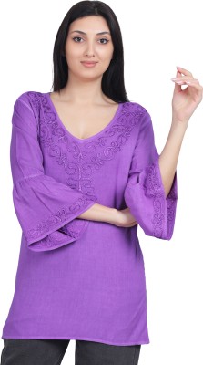 Casual Embroidered Women Purple Top