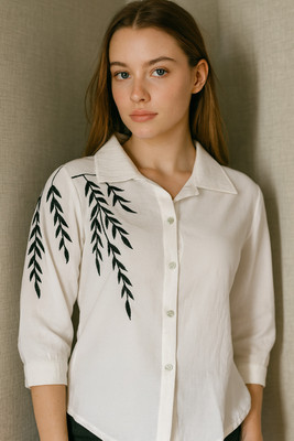 Milano muse Casual Solid, Embroidered Women White Top