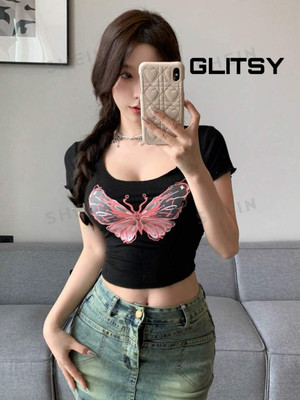 glitsy Casual Printed, Self Design Women Black Top