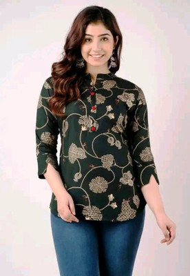 JANVI Casual Floral Print Women Green, Beige Top