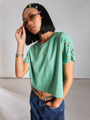 V-MART Casual Embroidered Women Green Top