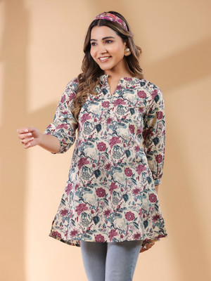 Janasya Casual Floral Print Women Beige Top
