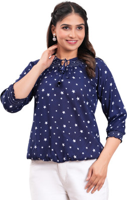 Pittra4ever Casual Printed Women Dark Blue Top