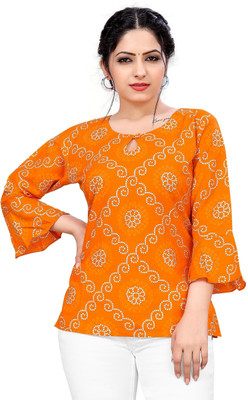 JIGNESH TEXTILE Party Printed Women Orange Top
