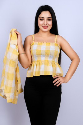 Fabhaat Casual Checkered Women Yellow, White Top