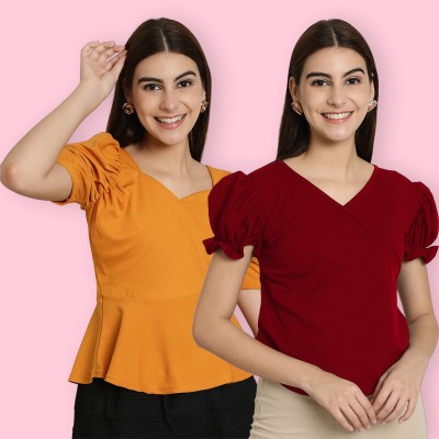 Tromko Casual Solid Women Red, Yellow Top