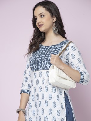 Shions Women Printed Straight Kurta(Blue, White)