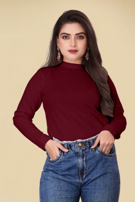 pelton fashion Solid Women High Neck Maroon T-Shirt