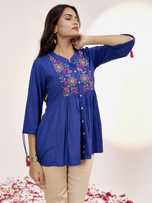 Jaipur Kurti Casual Solid Women Blue Top