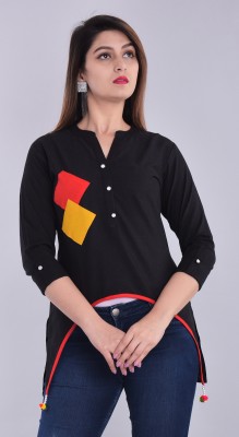 BLEZZA Casual 3/4 Sleeve Solid Women Black Top