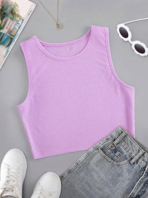 KNIAVE Casual Solid Women Purple Top