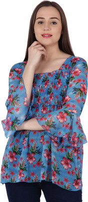 POPWINGS Casual Printed Women Light Blue Top