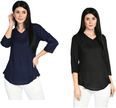 IndiWeaves Casual Solid Women Dark Blue, Black Top