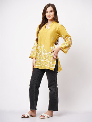 ANBA Casual Embroidered, Floral Print Women Yellow Top