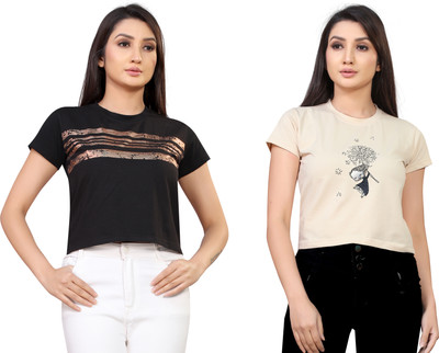 Tween Trends Casual Graphic Print Women Black, Beige Top